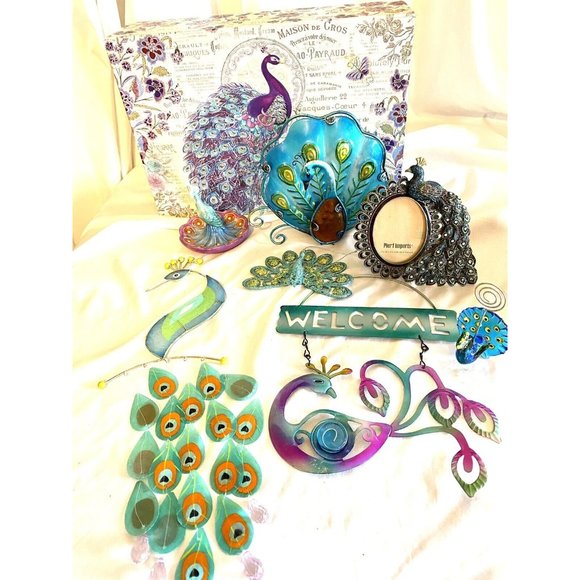 Peacock Accessories Lot Windchime Ring Holder Frame Glass Candle Holder and More - Picture 1 of 10
